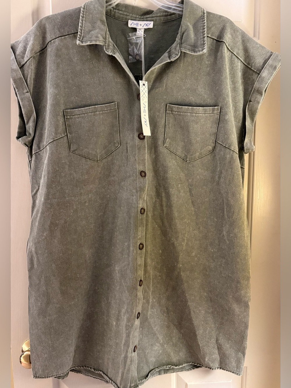 She & Sky Short-Sleeve Button-Up Dress- Olive